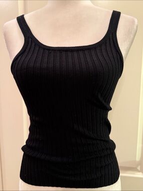 Theory Black Ribbed Knit Mid-Weight Sleeveless Tank Top Chic Minimalist Small
